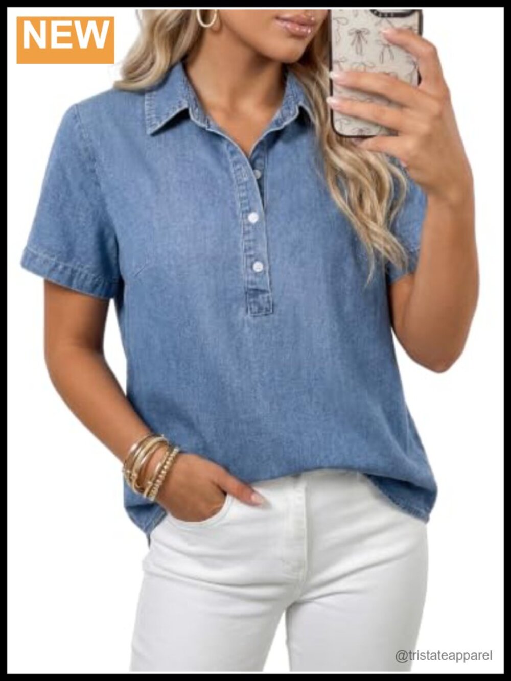 Casual Denim Button Down Shirt Short Sleeve Women's Soft Cotton Blend
